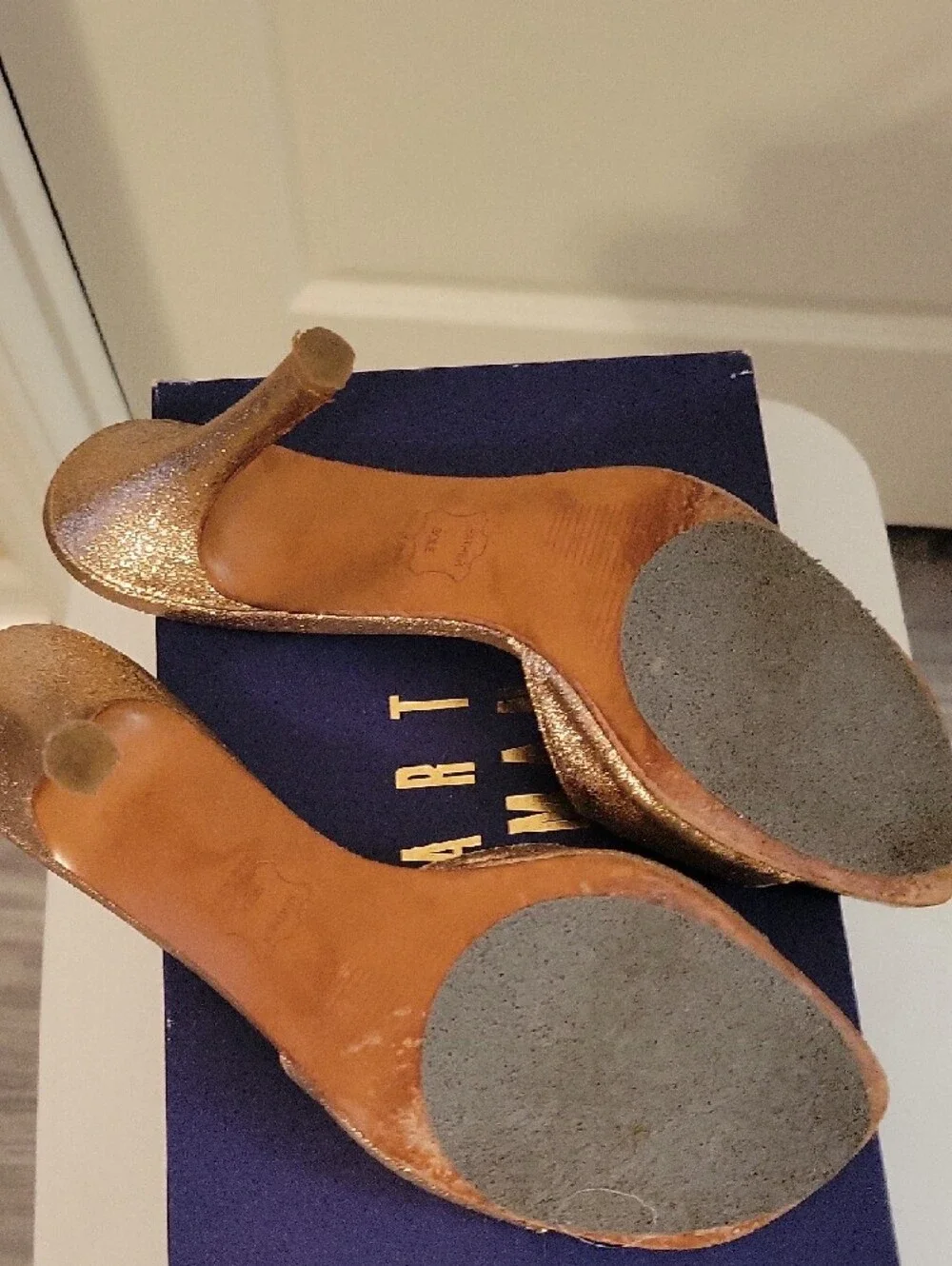 Stuart Weitzman Rose Gold Glitter Slide Mules with Crystal Link - Picture 6 of 7
